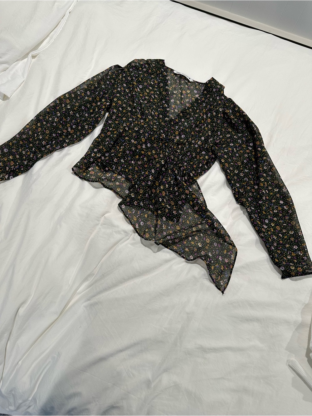 Zara Black Sheer Floral Ruffle Blouse